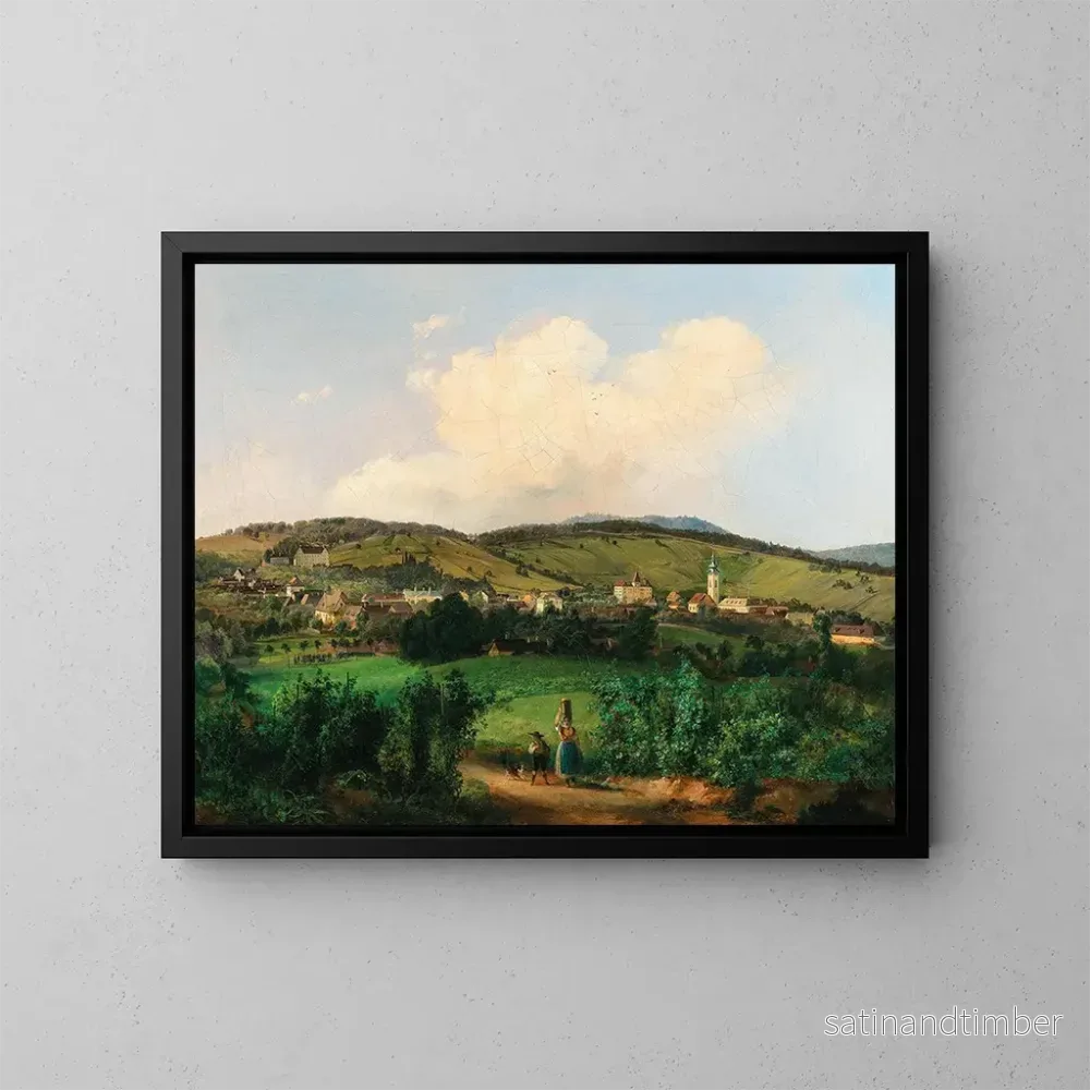 Reproduktion av målningen Vienne, vy över kyrkan och kasernerna i Mauer från Lange Gasse – Carl Franz Michael Geyling Reproduktion av målningen Vienne, vy över kyrkan och kasernerna i Mauer från Lange Gasse – Carl Franz Michael Geyling