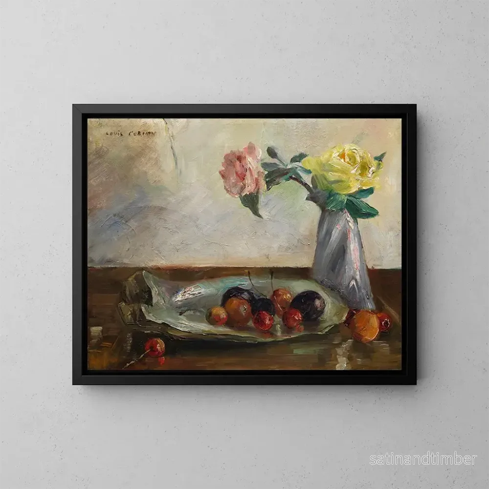 Reproduktion av målningen av stilleben med blommor i en vas, ett snäckskal och frukt - Lovis Corinth