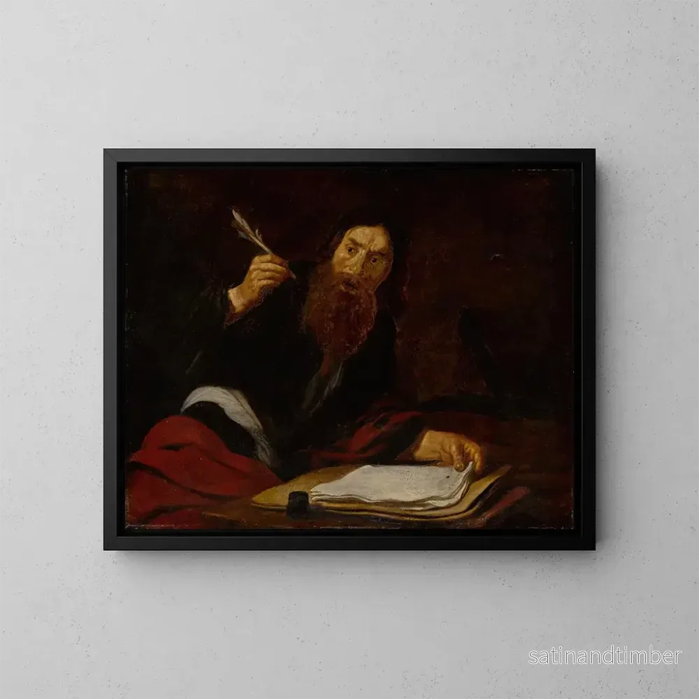 Reproduktion av målningen av Saint Paul som skriver vid sitt skrivbord - Claude Vignon