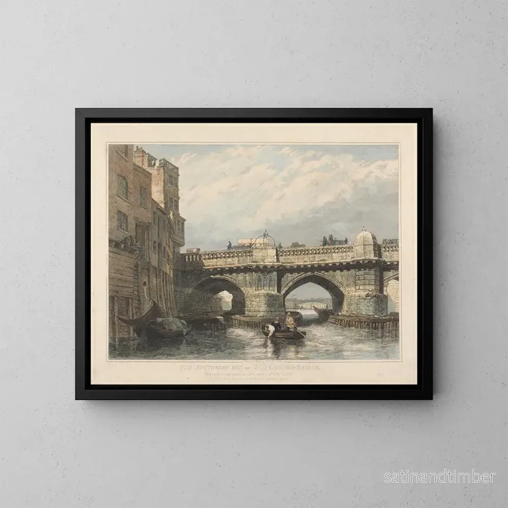Reproduktion av målningen Längd: 60 cm, Höjd: 40 cm, Material: Olja på duk, Ursprung: England, År: 1850, Konsttryck av Edward William Cooke, "L'extrémité sud de l'ancien pont de Londres"