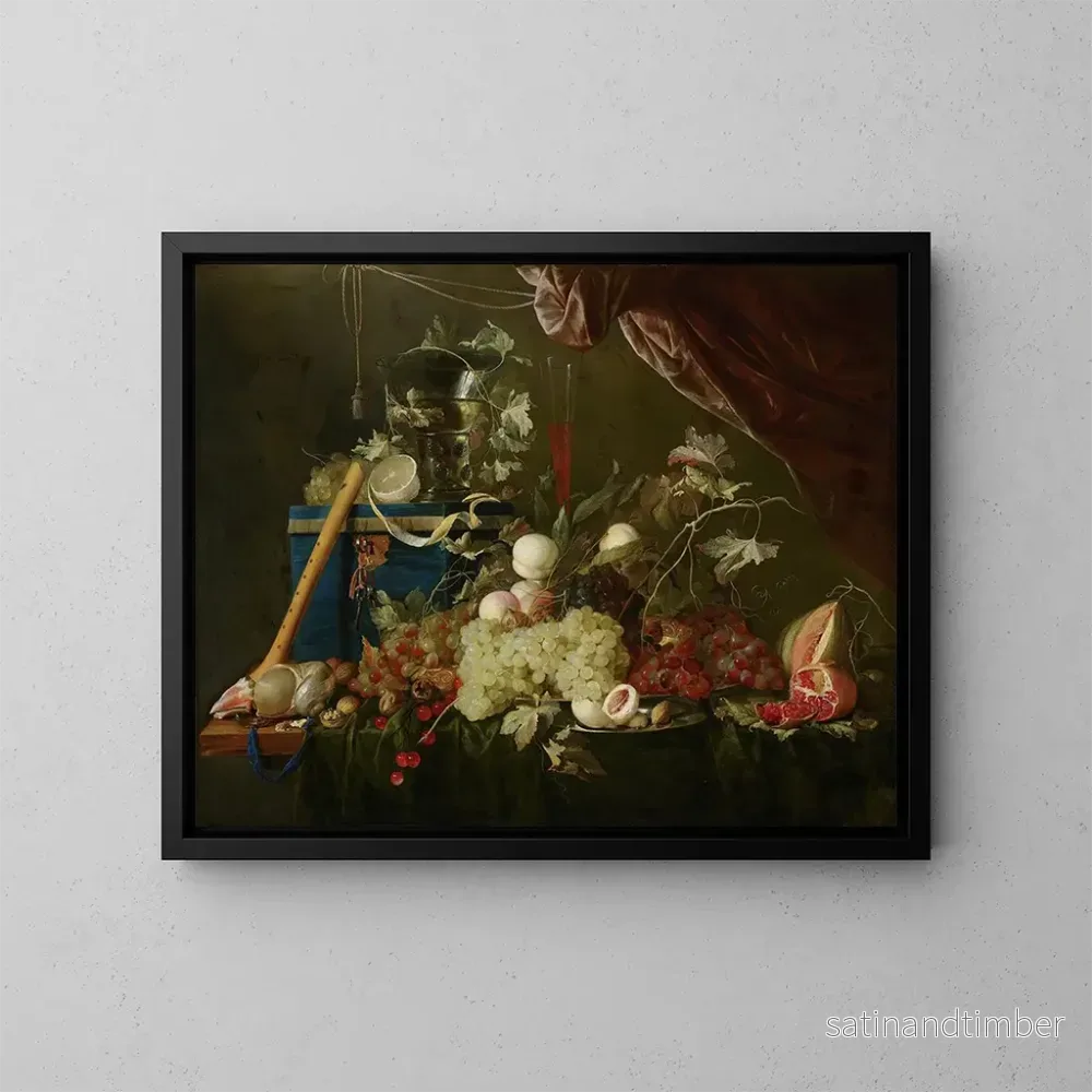 Reproduktion av målningen av en storslagen stilleben med smyckeskrin - Jan Davidsz de Heem