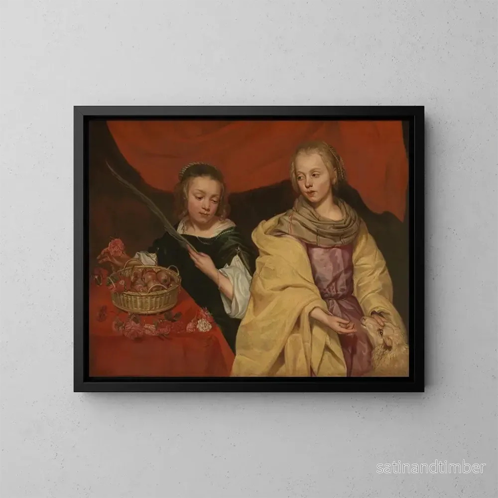 Reproduktion av målningen av två flickor i heliga Agnes och heliga Dorotea - Michaelina Wautier