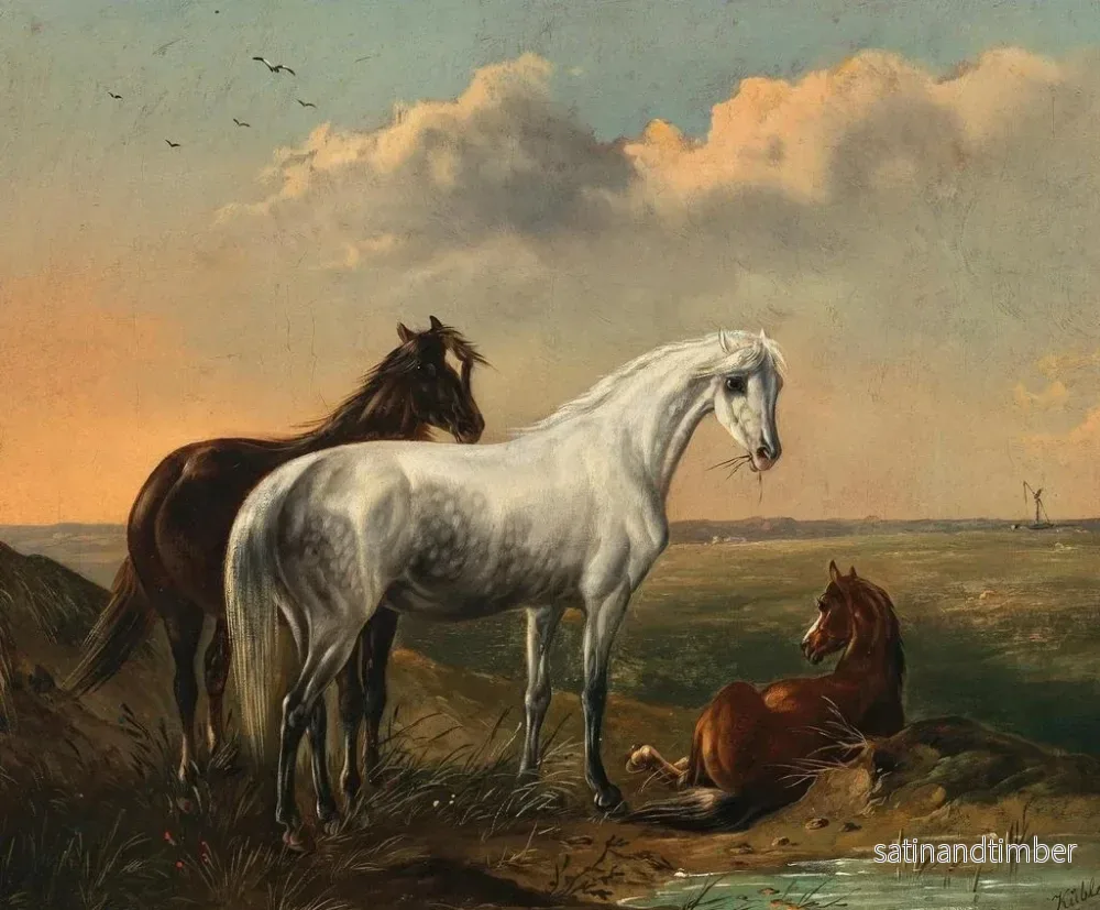 Reproduktion av målningen En vit häst och en brun häst i ett puszta-landskap - Ludwig Kübler - Bild 2
