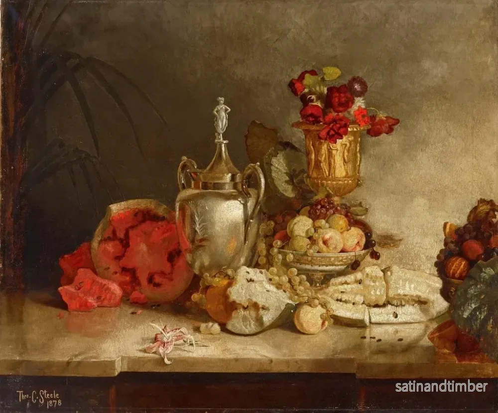 Reproduktion av målningen av stilleben med frukter och en urna - Theodore Clement Steele - Bild 2