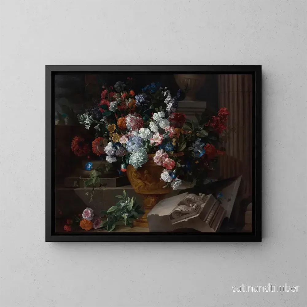 Reproduktion av målningen av stilleben med blommor i en skulpterad urna med arkitektoniska fragment på en terrass - Jean-Baptiste Monnoyer
