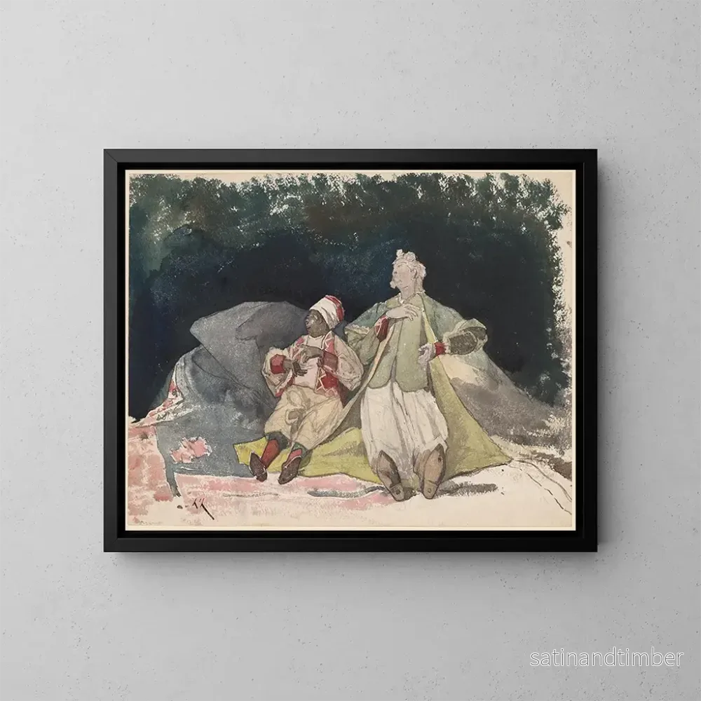 Reproduktion av målningen av två dockor eller marionetter sittande på kuddar - Henri-Joseph Harpignies