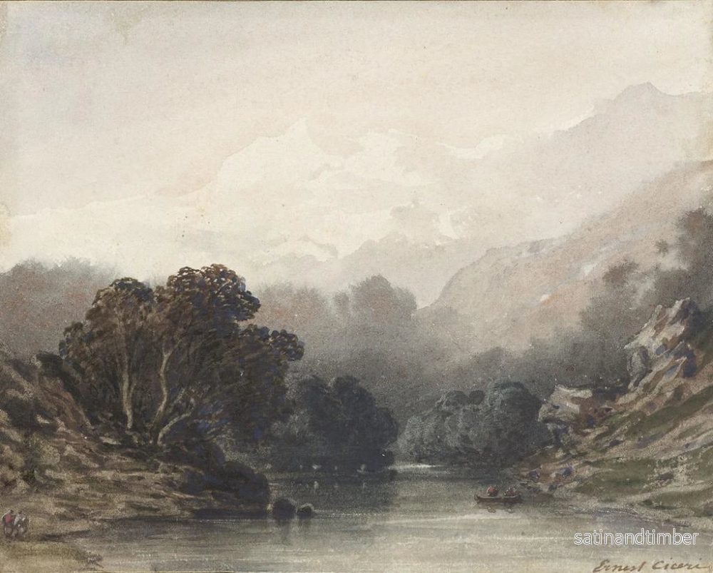 Reproduktion av målningen av sjö i bergsterräng i skuggan av mörka träd, med ljusa kullar och snötäckta toppar - Ernest Ciceri - Bild 2
