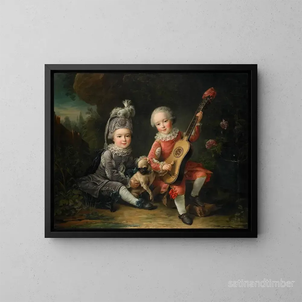 Reproduktion av målningen av barnporträtt av M. de Bthune som leker med en hund - François-Hubert Drouais