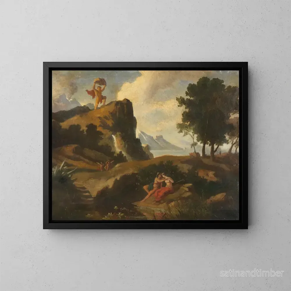 Reproduktion av målningen Le cyclope Polyphème jaloux tue Akis, l'amant de la Néréide Galatée, avec un rocher - Friedrich Preller le Jeune