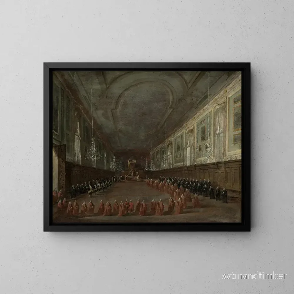 Reproduktion av målningen av påven Pius VI som lämnar tronen för att ta farväl av dogen i SS Giovanni e Paolo-salen 1782 – Francesco Guardi Reproduktion av målningen av påven Pius VI som lämnar tronen för att ta farväl av dogen i SS Giovanni e Paolo-salen 1782 – Francesco Guardi