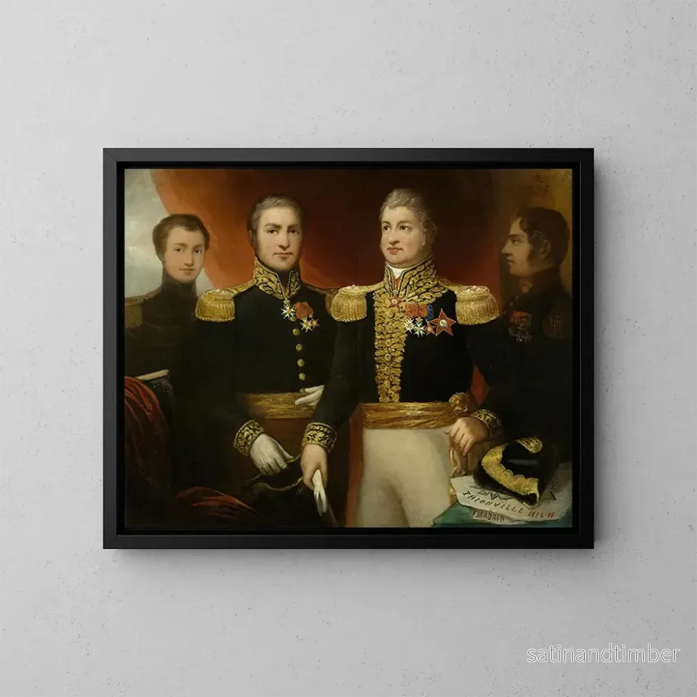 Reproduktion av målningen Le général Léopold Hugo med två av sina bröder och hans son Abel i restaurationsuniform – Julie Hugo Reproduktion av målningen Le général Léopold Hugo med två av sina bröder och hans son Abel i restaurationsuniform – Julie Hugo