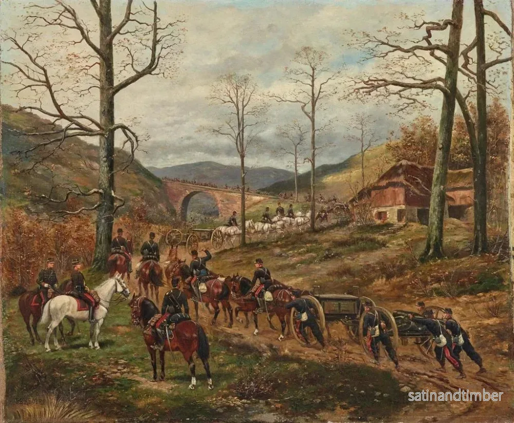 Reproduktion av målningen Längd: 60 cm, Höjd: 45 cm, Material: Olja på duk, Ursprung: Frankrike, År: 19th century, Konsttryck av Paul Émile Léon Perboyre, "L'artillerie à cheval française de la 90e avancée sur Rezonville" - Bild 2
