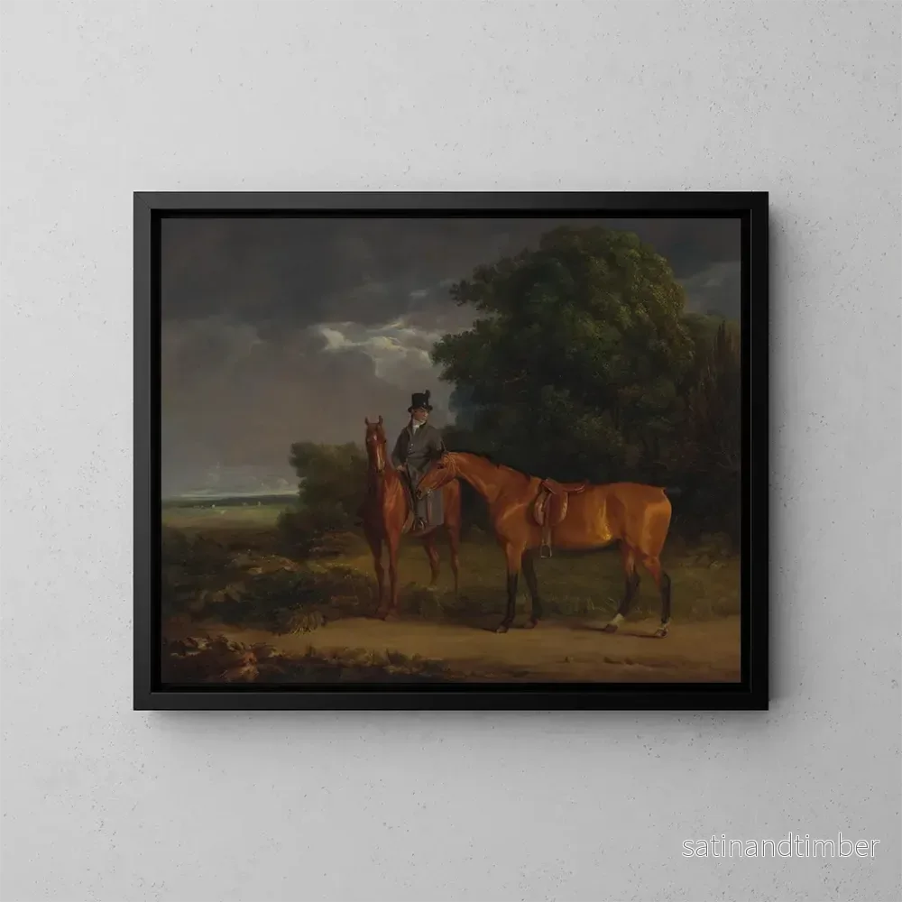 Reproduktion av målningen En gift man på en jaktfärgad häst som rider, håller en brunt häst i tyglarna - Jacques-Laurent Agasse
