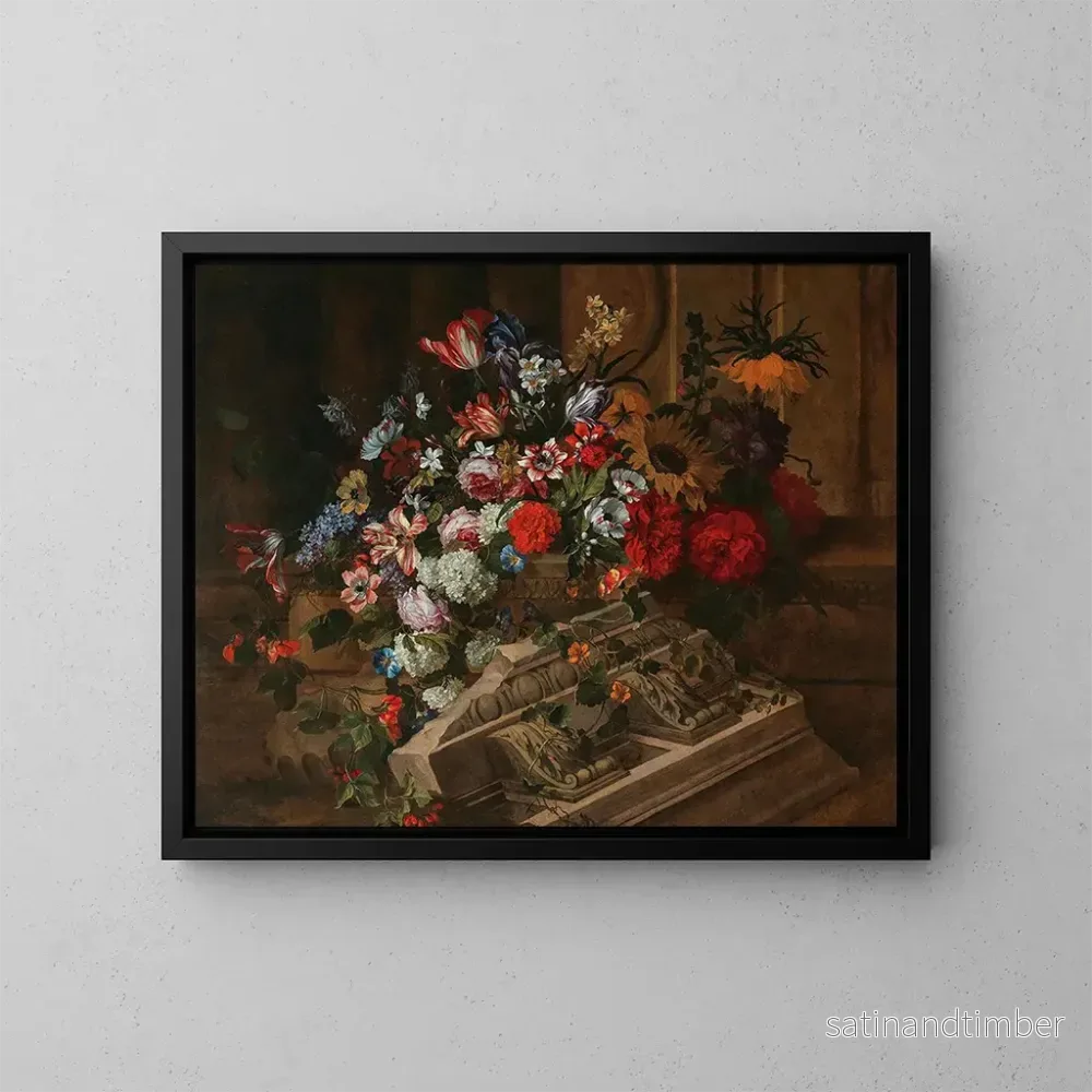 Reproduktion av målningen Blommor nära en klassisk klippa på en terrass - Jean-Baptiste Monnoyer