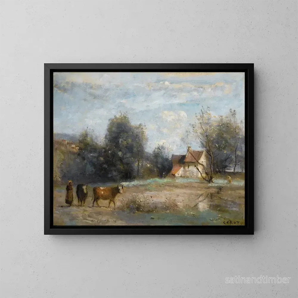 Reproduktion av målningen Luzancy, små bondgårdar vid vattnet - Jean-Baptiste-Camille Corot