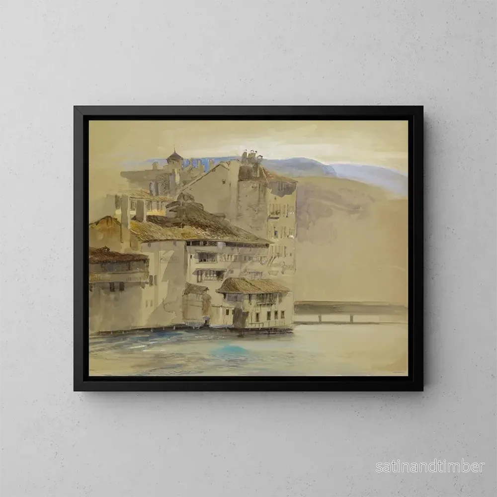 Reproduktion av målningen av gamla hus på Rhône-ön i Genève - John Ruskin