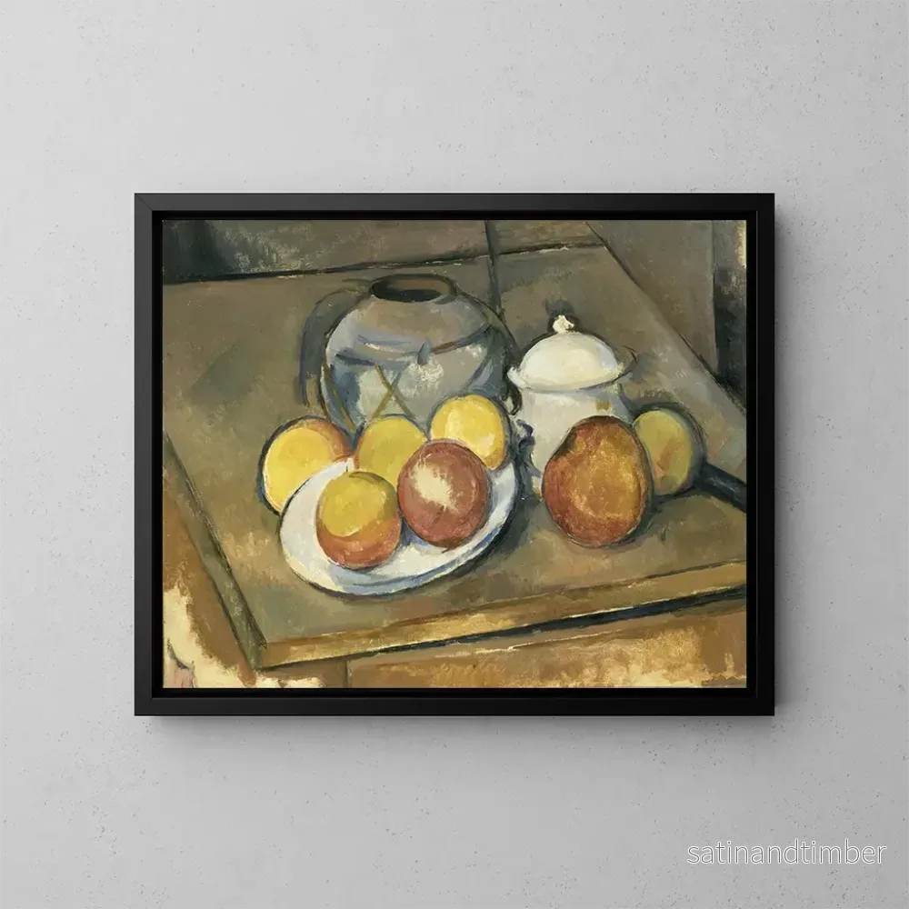 Reproduktion av målningen Vas av halm, sockerburk och äpplen - Paul Cézanne