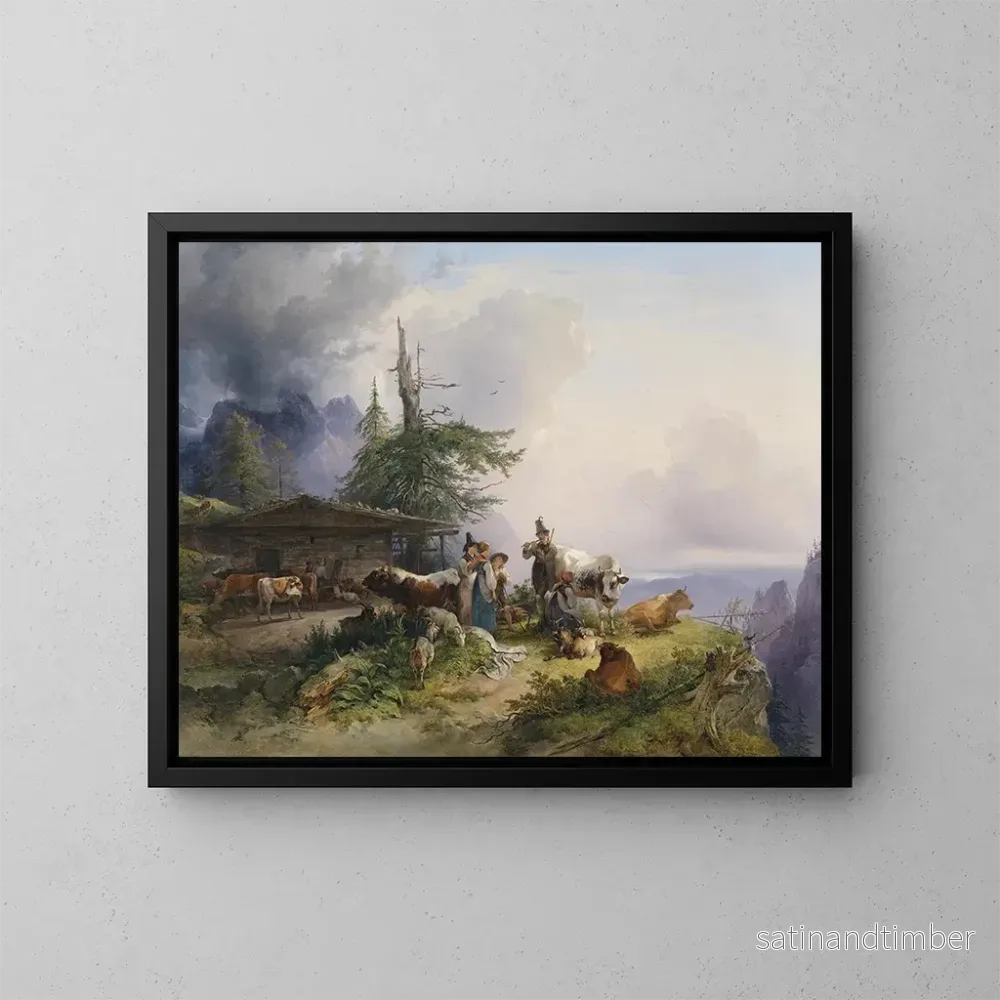 Reproduktion av målningen av Alpin ekonomi vid Untersberg - Friedrich August Matthias Gauermann
