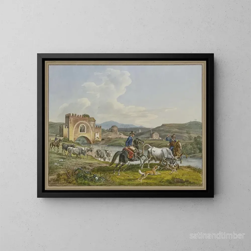 Reproduktion av målningen av de romerska fälthundarna som fångar en tjur med hundar - Johann Adam Klein