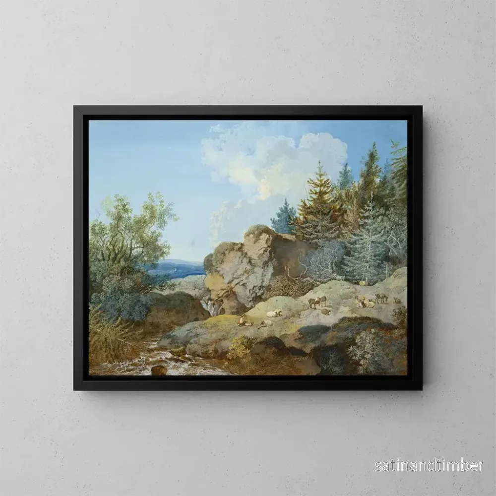 Reproduktion av målningen av ett skogligt landskap i bergen med en hjord och en bäck - Johann Georg Wagner