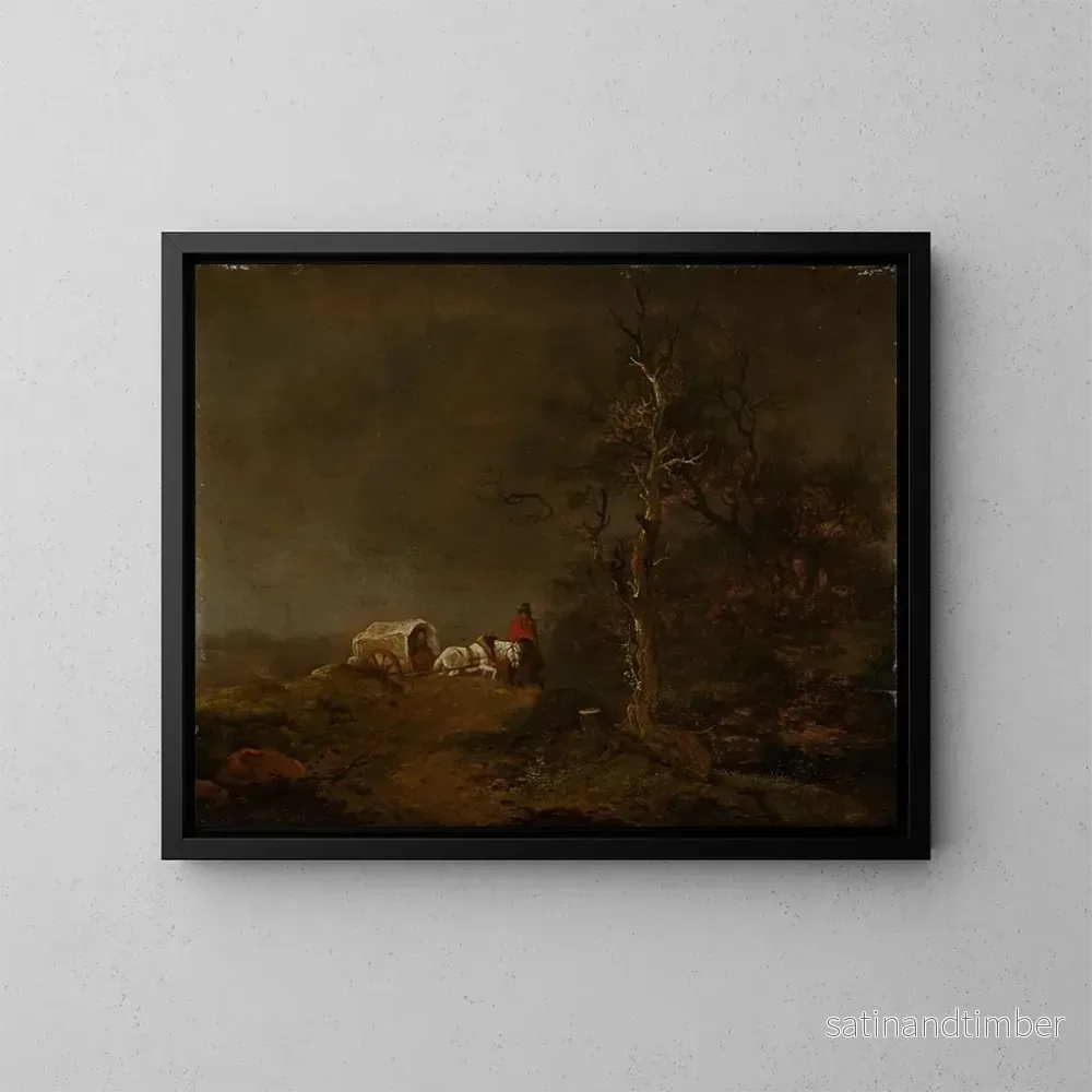 Reproduktion av målningen av stormig landskapsbild med bondvagn - Ferdinand Kobell