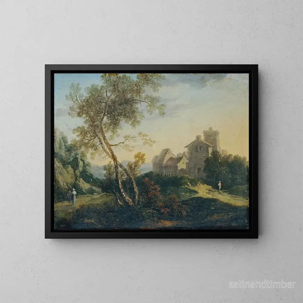 Reproduktion av målningen av ett idylliskt landskap med träd och en befäst by vid skymningen - Johann Christian Brand