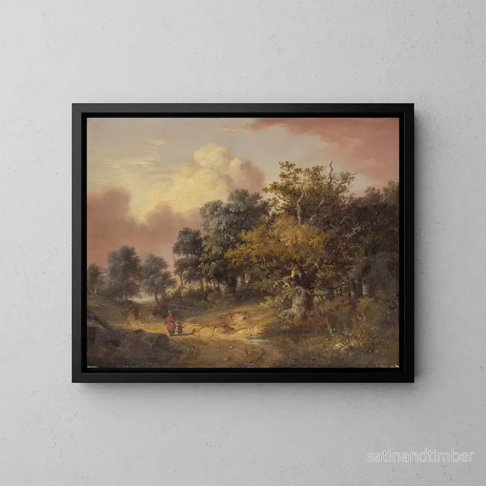 Reproduktion av målningen landskapsbild med skog, kvinna och barn som går på en väg - Robert Ladbrooke
