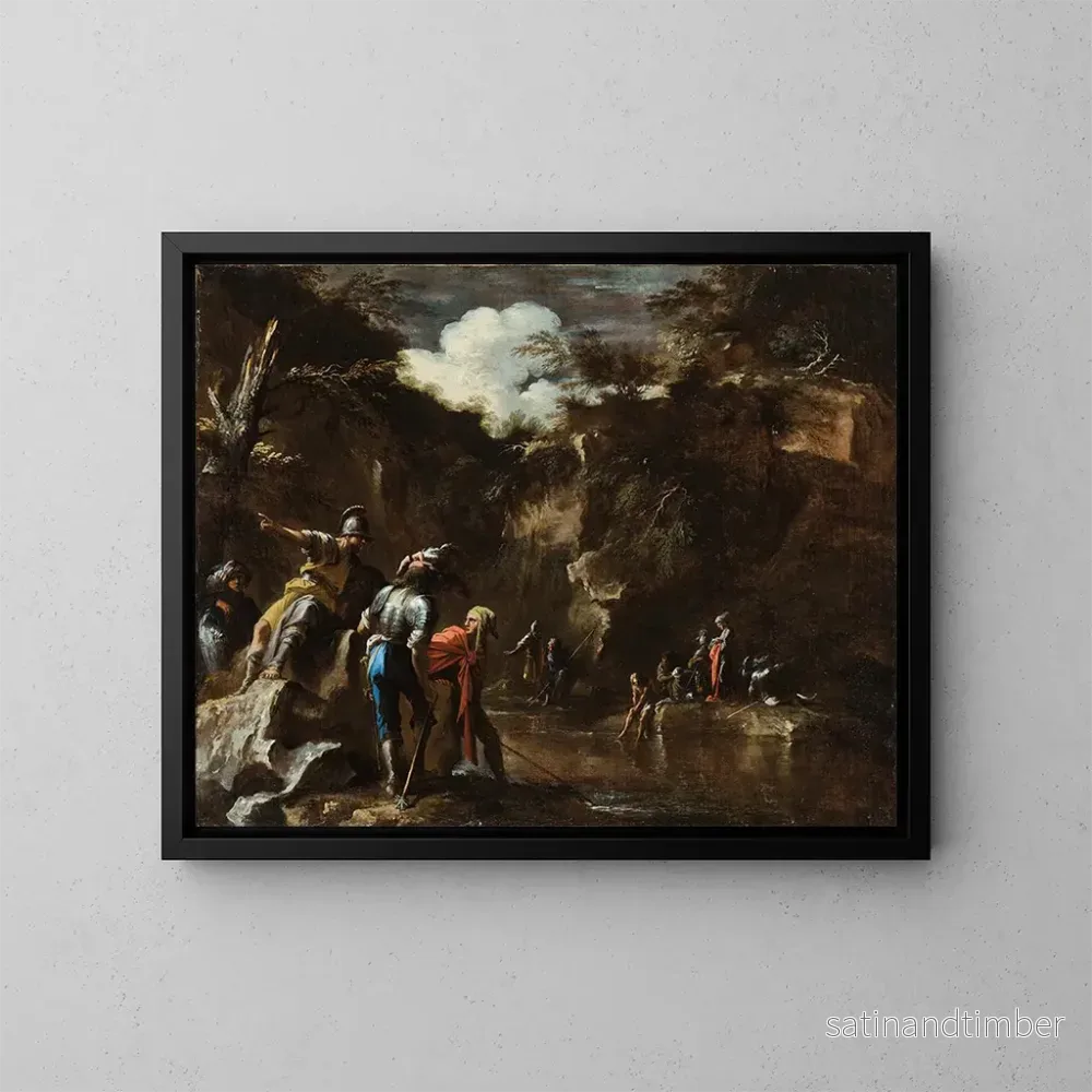 Reproduktion av målningen Scen ur den grekiska historien: Thales får floden att flyta på båda sidor av den lydiska armén – Salvator Rosa Reproduktion av målningen Scen ur den grekiska historien: Thales får floden att flyta på båda sidor av den lydiska armén – Salvator Rosa